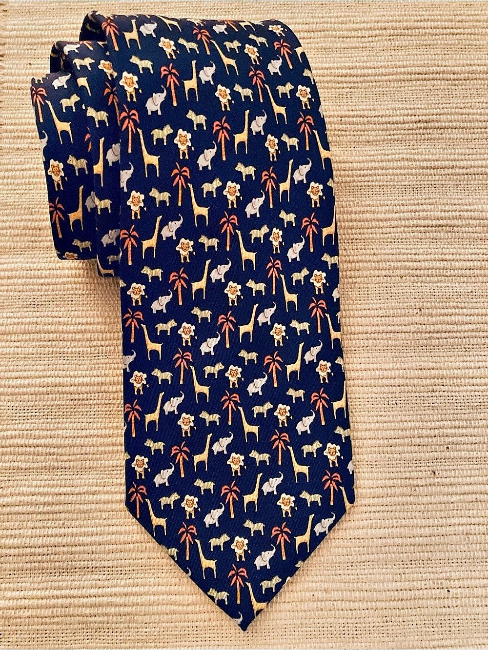 Salvatore Ferragamo Safari Animals Silk Tie Blue & Orange Like New/ unused 61x3.